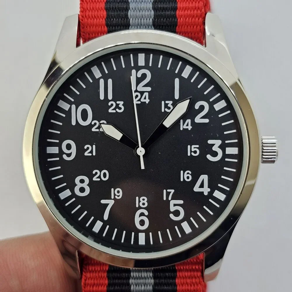 Men's Field Military Watch 42MM Black Dial Red Black Gray‎ Canvas Band Strap